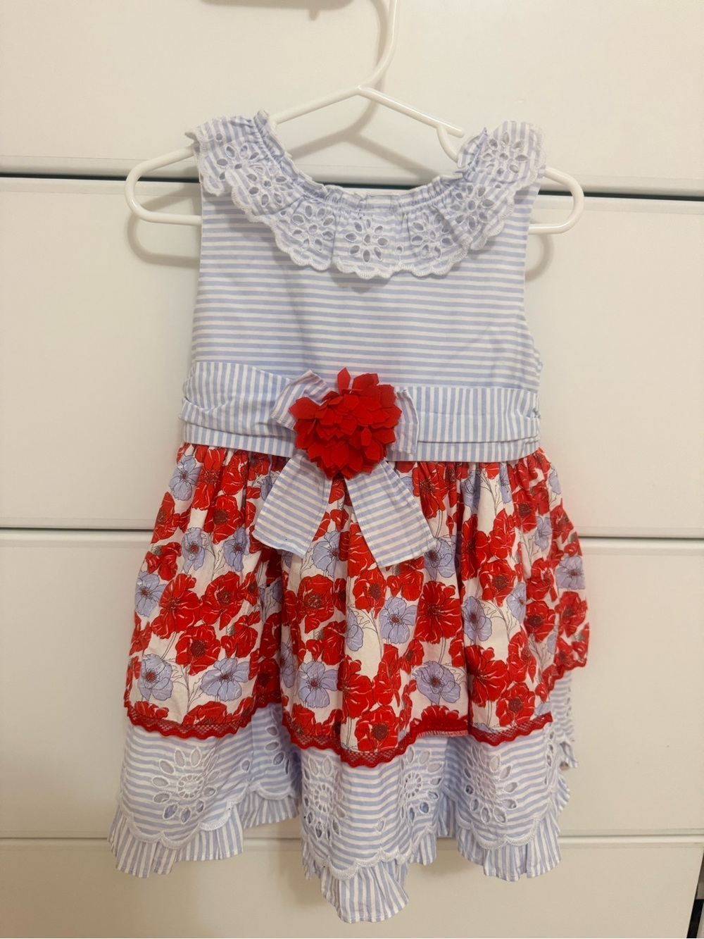 Girls Blue & Red Floral Sleeveless Dress with Bow